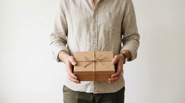 Man holding simple brown paper gift box tied with natural twine string against plain background