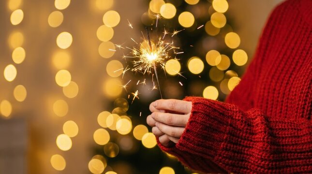 Hand holding sparkler against golden bokeh holiday lights with against blurred background