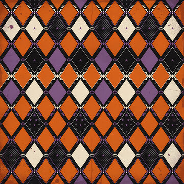 Halloween seamless pattern with geometric harlequin diamond shapes in orange, purple, and black