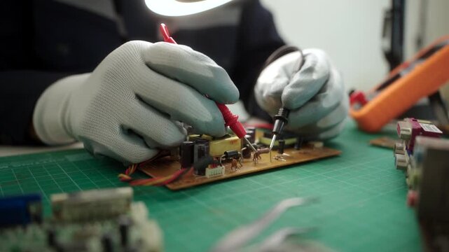 Close-up technician repairing a printed circuit board in a modern repair lab. PCB diagnostics, soldering electronic maintenance, right to repair. Sustainable technology and skilled technician.
