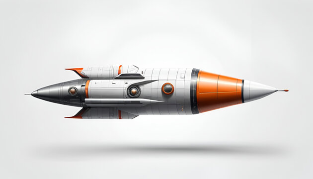 Space rocket with sleek orange and silver accents floats horizontally against a light neutral background.