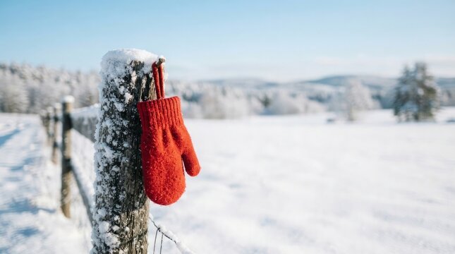 Red knitted mittens hanging on snowy wooden fence post in winter with winter landscape background