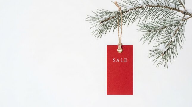 Red sale tag hanging from snowy pine branch on white background with reading sale advertising