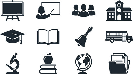 Education and school solid black icon vector set featuring teacher blackboard graduation cap campus building book bus and science microscope © MSTTABATUN