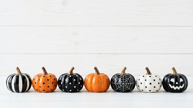 A row of decorative pumpkins with various patterns and colors arranged on a white wooden background for halloween