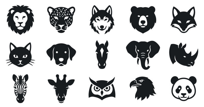 Set of black and white animal head icons representing various wildlife species for logo and graphic design projects