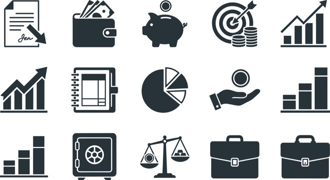 Financial investment and banking solid icon vector set featuring wallet piggybank growth charts safe box briefcase and legal contract elements