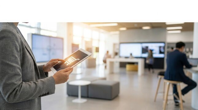 Professional person using digital tablet with shopping cart icon inside modern office environment