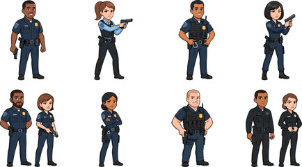 Obraz premium Police officers cartoon character diverse set standing holding weapons isolated on white background flat vector illustration,