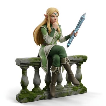 3D render of a female elf character sitting on a mossy stone bench while holding a futuristic glowing blue weapon, fantasy game asset design