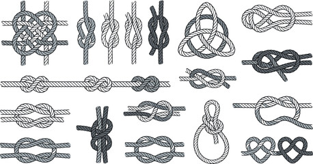 Nautical rope knots collection with decorative marine hitches celtic loops reef eight loop bowline heart shape isolated on white background vector illustration © MdSaddam