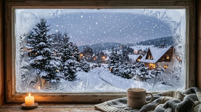 Cozy winter window view with steaming hot mug and glowing candle overlooking snowy village landscape