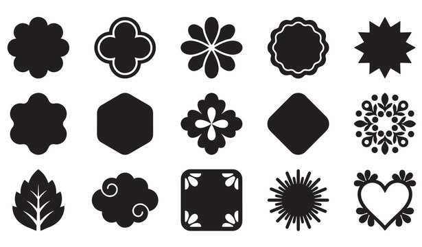 Collection of black silhouettes of decorative shapes and symbols including flowers, hearts, leaves, clouds, and geometric forms Vector