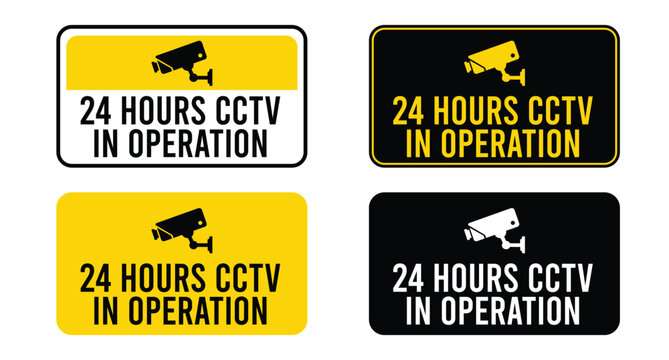 Set of 4 cctv security camera warning signs, 24 hours operation alerts in yellow and black backgrounds Vector