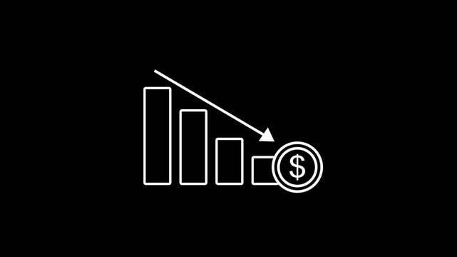 Financial Loss Chart Line Icon. Animated line art graph showing downward trend and dollar coin for bankruptcy price drop and market loss animation. business loss concept animation.
