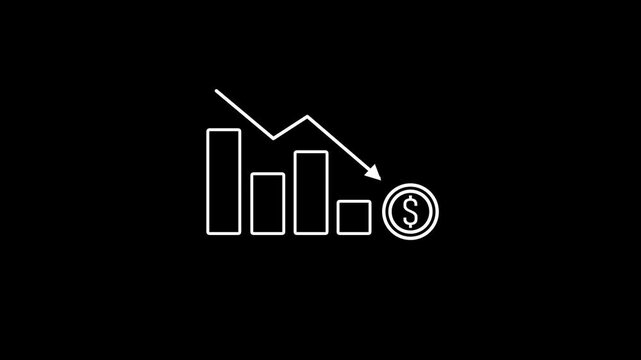 Stock Market Crash Bar Chart Line Icon. Down graph with dollar icon. Black line art bar chart with falling arrow and dollar symbol representing economic recession and stock drop animation.