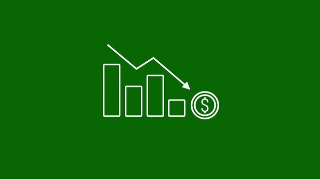 Stock Market Crash Bar Chart Line Icon. Down graph with dollar icon. Black line art bar chart with falling arrow and dollar symbol representing economic recession and stock drop animation.