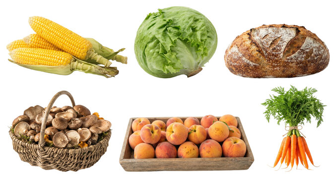 A varied assortment of fresh produce, pantry staples, and market goods arranged as a farmers market collection.