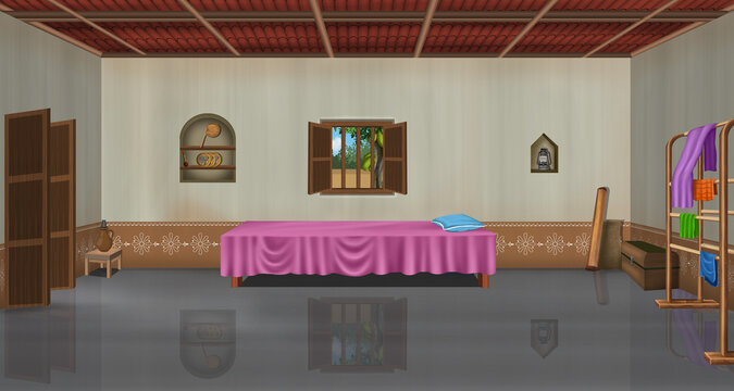 2D cartoon background of traditional South Asian village house room interior, vector illustration asset for animation scene 2d animation
