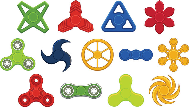 Fidget spinner toys collection with various geometric shapes colorful plastic and metallic hand spinners set for stress relief isolated flat vector illustration