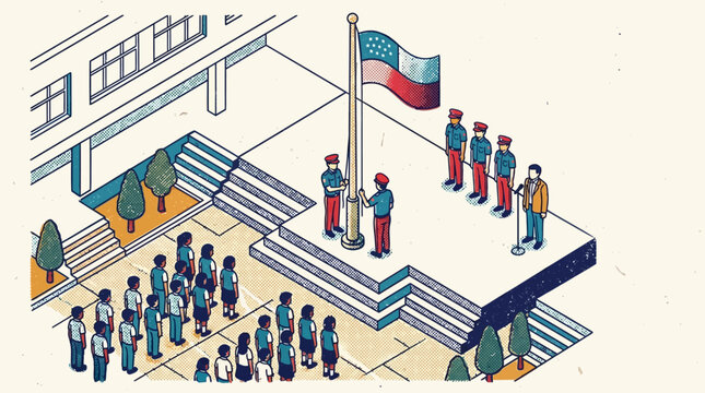 Students stand in formation during a school flag raising ceremony in this detailed isometric illustration.