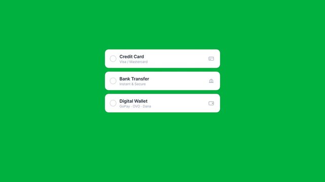 An animated user interface displaying credit card payment method selection options on a green