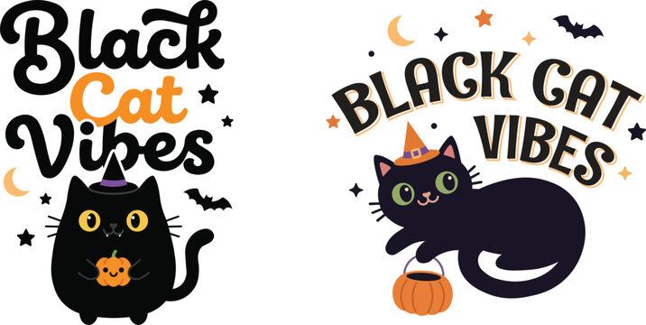 Cute black cat with pumpkin and hat design for halloween celebration prints featuring festive typography and starry night.