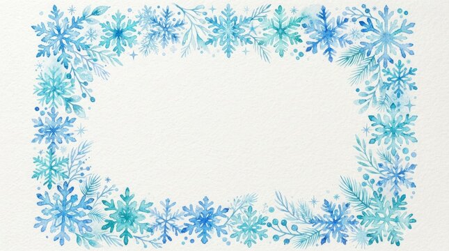 Delicate watercolor snowflakes and pine branches winter border with blue snowflakes new year