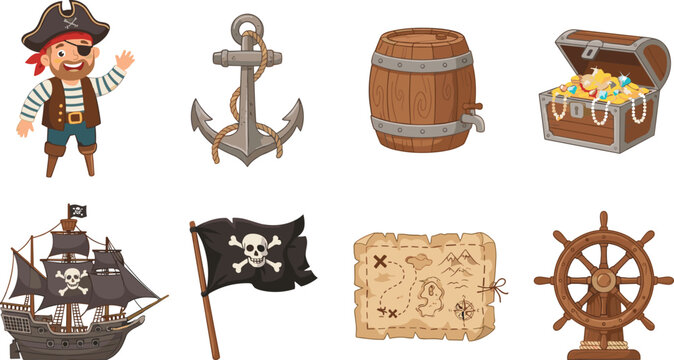 Cute cartoon pirate vector icon collection with treasure chest ship flag map anchor and nautical design elements.