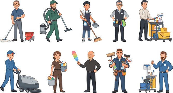 Professional cleaning service staff character vector set with cleaners janitors and housekeeping workers using specialized equipment.