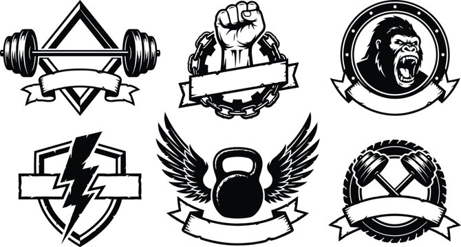Vintage gym fitness emblem vector set featuring barbell kettlebell with wings angry gorilla clenched fist lightning shield and ribbon banners