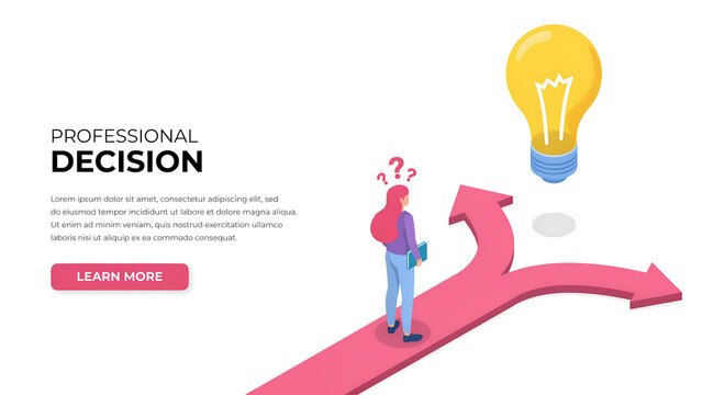 Professional decision concept with woman standing at splitting arrow decision business question strategy planning thinking direction management solution professional isometric guidance
