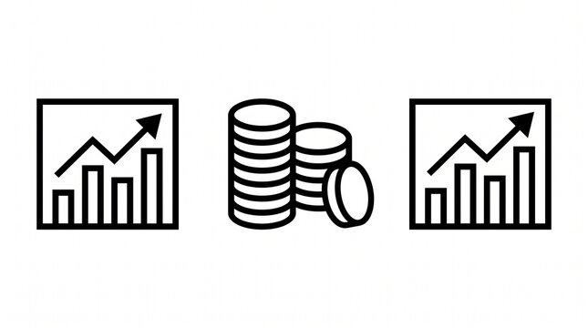Minimalist financial growth icons, black line art business charts and coin stacks, professional investment and profit data visualization set