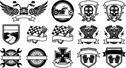 Vintage motorcycle badge and emblem vector set featuring skulls chopper handlebars engine v twin checkered flags and ribbon banners monochrome © MSTTABATUN