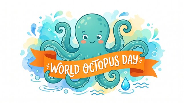 World Octopus Day greeting card, cute teal octopus character with orange ribbon banner, aquatic sea life illustration for ocean conservation