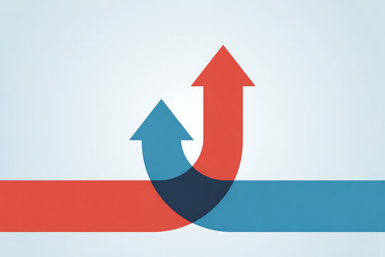Abstract illustration of red and blue intersecting curved arrows pointing upward with direction competition business strategy marketing progress analysis performance indicator abstract
