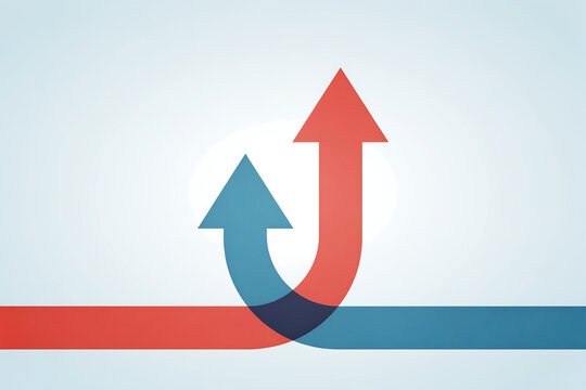 Minimalist graphic featuring intersecting red and blue arrows curving upwards direction competition business strategy marketing progress analysis management performance indicator abstract