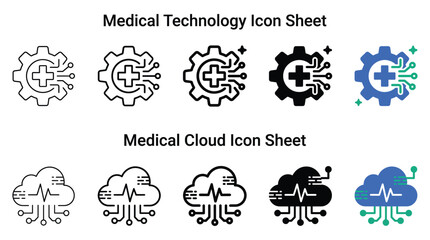 Obraz premium Medical technology and cloud icon sheet featuring minimalist vector designs with gears and pulse signals for modern healthcare digital interface applications and professional web graphic assets