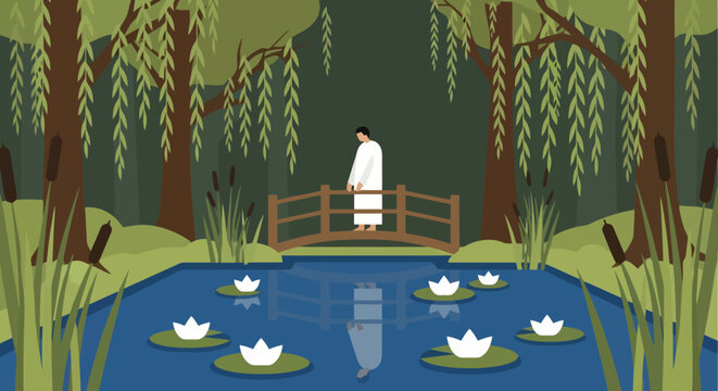 Paper boats floating on a pond with willow trees and reeds in summer