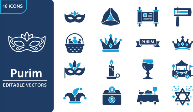Purim Jewish Holiday Icon Set Featuring Masquerade Masks Crowns Scrolls and Traditional Celebration Symbols