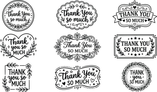Set of hand drawn thank you so much lettering designs with decorative frames and floral elements for greeting cards