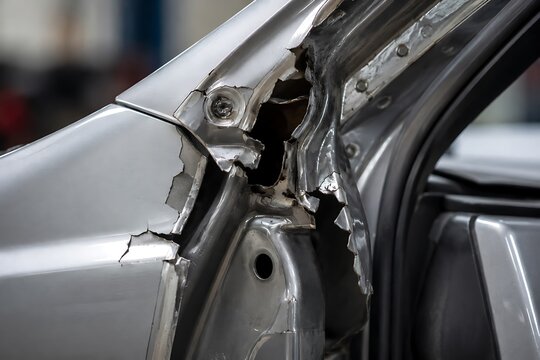 Close up view of a damaged car door hinge and frame area after a vehicle accident