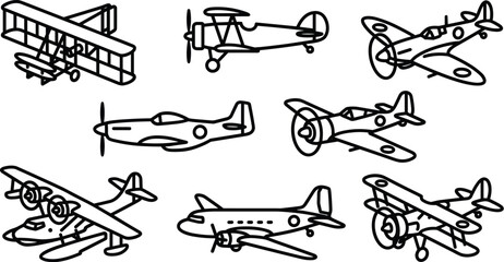 Eight historical airplane featuring various vintage aircraft models in black line style on white background © UzzoulChandra
