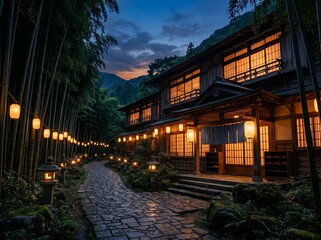 Fototapeta premium 夜の竹林を優しく照らす提灯と趣ある日本旅館の風景