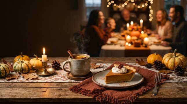 Rustic autumn dessert table setting with displays rustic wooden table set slice pumpkin pie