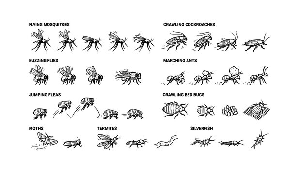 Motion Graphic Insect Icon Collection with Flying Mosquitoes and Roaches Vector