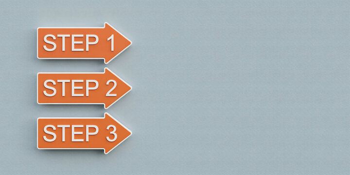 Three orange directional arrows labeled step 1 step 2 step 3 on blue background planning strategy sequence development progression business management workflow direction instruction