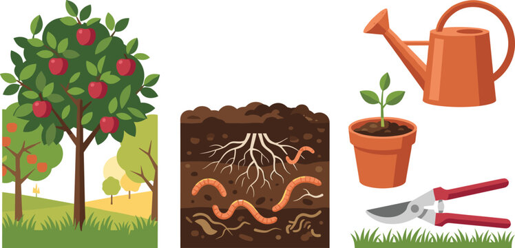 Gardening and agriculture vector illustration set featuring an apple tree, soil layers with earthworms, potted plant, watering can, and pruning shears