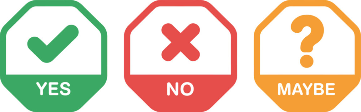 Check, cross and question mark outline icon collection with yes, no, maybe labels, approval, rejection and decision symbols, editable vector set.