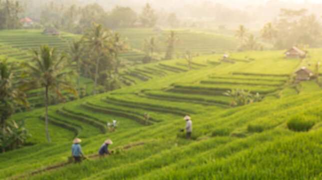 Lush green rice terraces in Bali Indonesia featuring an intentional blurred effect at sunrise for travel agency promotions and website backgrounds.